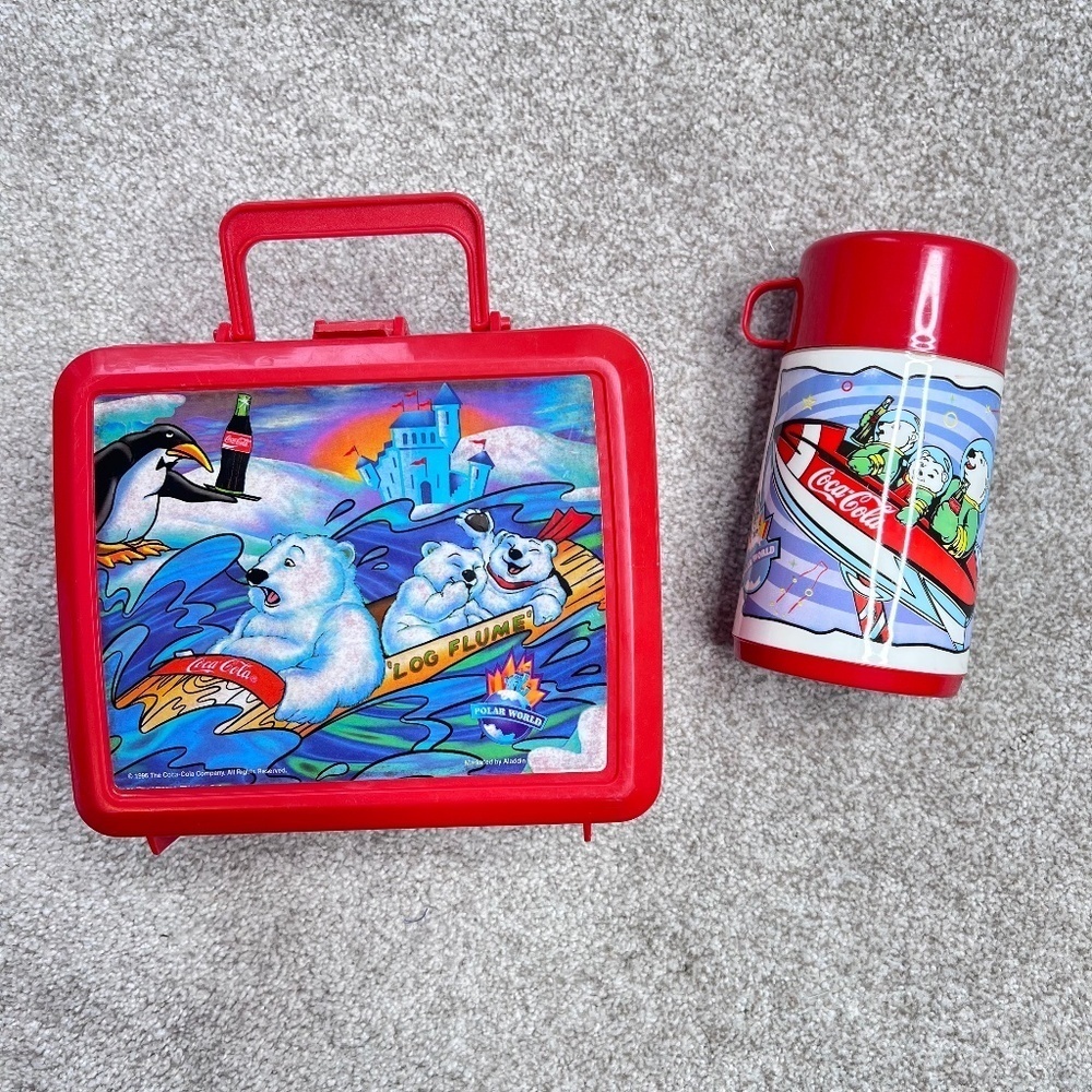 Vintage 1996 Coca Cola Bears Red Plastic Lunch Box Thermos Set